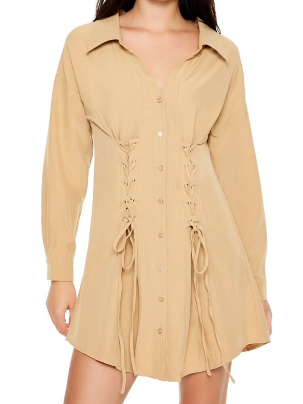 Women Lace-Up Babydoll Stretchy Mini Shirt Dress Collared Cinch Waist Tie Taupe